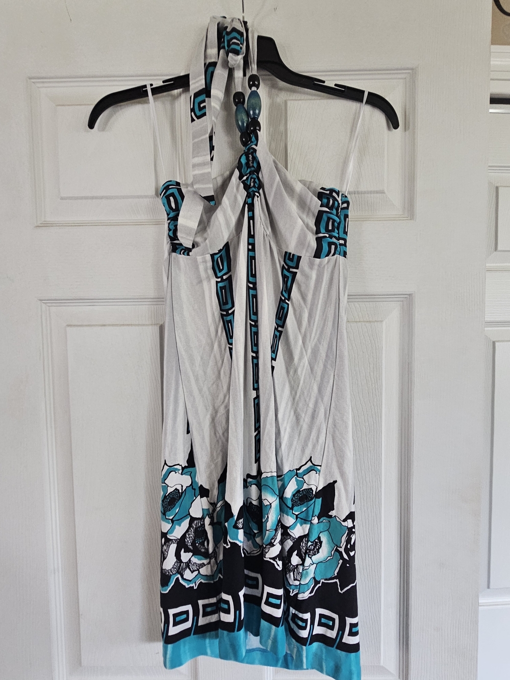 Venus White Halter Sundress with Teal & Black Floral Trim